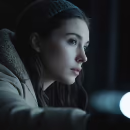 a woman wearing a winter coat stares intently