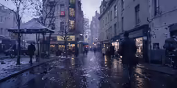 a crowd of people walking down a street next to tall buildings