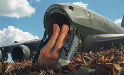 someone putting their hand on the side of a plane