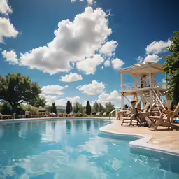 a clear blue sky with clouds above and a blue pool with a sunbather in the middle