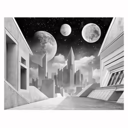 a black and white drawing of a city at night