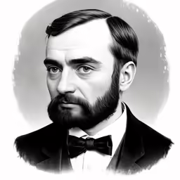 a black and white portrait of a man with beard and bow tie