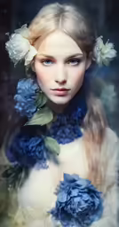 a woman with white hair is wearing flowers in her hair