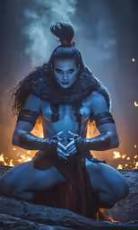 a girl in costume sitting on a rock