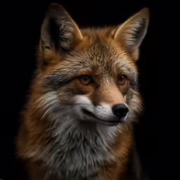 a close up of a fox face and brown eyes