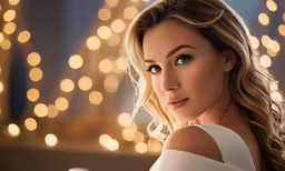a beautiful woman in white looks at the camera