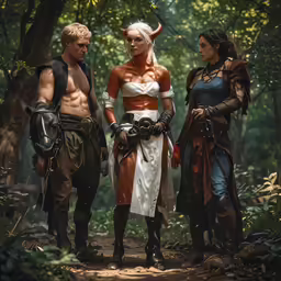 three women and a man dressed as gods in the woods