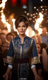 an older woman with a blue dress in front of a crowd