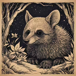 a drawing of a small raccoon hiding in some bushes