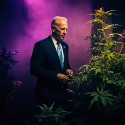a man in a suit and tie stands near the bush