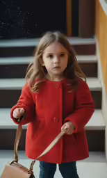small girl in red coat and handbag on stairs
