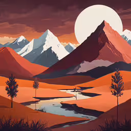 a landscape showing mountains, with water and trees, the background red orange orange is a red orange and pink sky,a sunset scene with mountains and trees