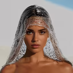 a woman wearing a veil, and jewelry around her head