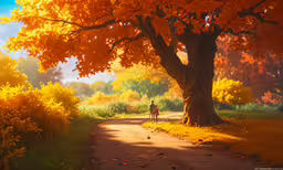 the horse is traveling down the road under the trees,an anime scene with a horse and a person riding on a trail