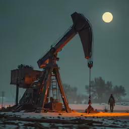 man in yellow walking towards an old oil pump and full moon