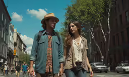 a man and woman walk down the street on a sunny day