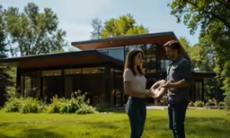 a man and woman standing in the grass looking at each other