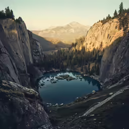 a lake surrounded by rocks, pine trees and a mountain
