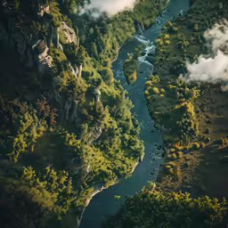 an aerial view of a creek running through the middle of trees
