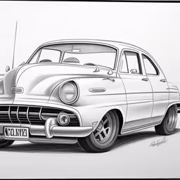 an old car is drawing in black and white,a drawing of a classic car that is now in color