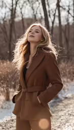 an attractive woman in a brown suit and boots standing on a dirt road
