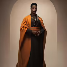 the man in the robe is posing for a portrait