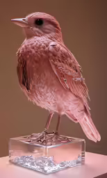 a small bird with a very long beak sitting on a plastic stand