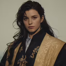 a woman in a dress shirt is posing for a portrait