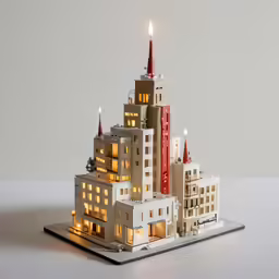 a model with lights, buildings and candles in the shape of christmas lights