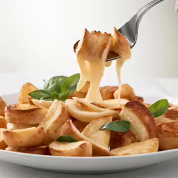 someone scooping cheese out of a plate of ravioli