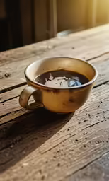 a metal cup filled with water on top of a wooden table