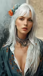 a woman with white hair and a necklace with orange flowers