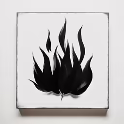 a square of white paper with a painting of three black feathers