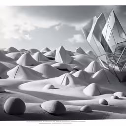 a surreal landscape of large boulders with a giant mirror