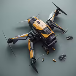 a yellow and black toy airplane and a few tools