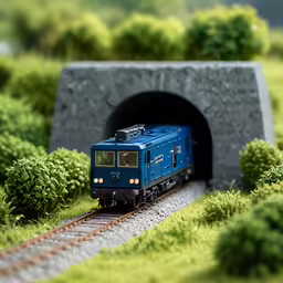 a model train comes out of a tunnel of coal