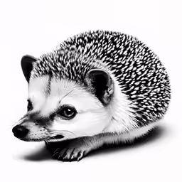 a small hedgehog sits down and looks off to the side