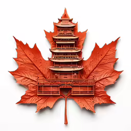 a maple leaf with a chinese pagoda in it