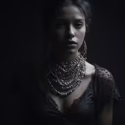 a woman is wearing an outfit and a necklace