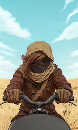 a drawing of a person in the desert on a motorcycle