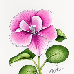 a drawing of a pink flower with green leaves on it,a pink flower with green leaves and a word inscribed