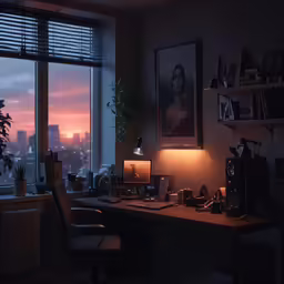 an office with a picture and a picture on the wall