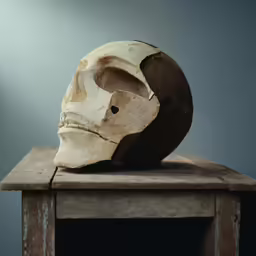there is a very old and terrible looking skull on the table
