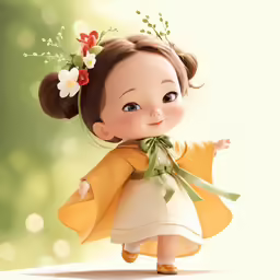 a baby girl dressed in yellow and green clothing