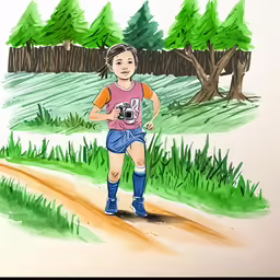 a drawing of a young woman running on a trail
