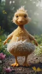 a very cute furry duck standing on a dirt path