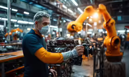 a man in an industrial area using a camera and equipment