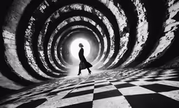 a woman is walking through the middle of a tunnel