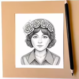 an illustration of a woman with roses in her head,this is a drawing of a woman in a floral headband