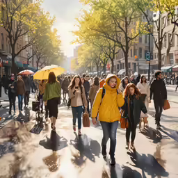 many people are walking along the sidewalk with their umbrellas